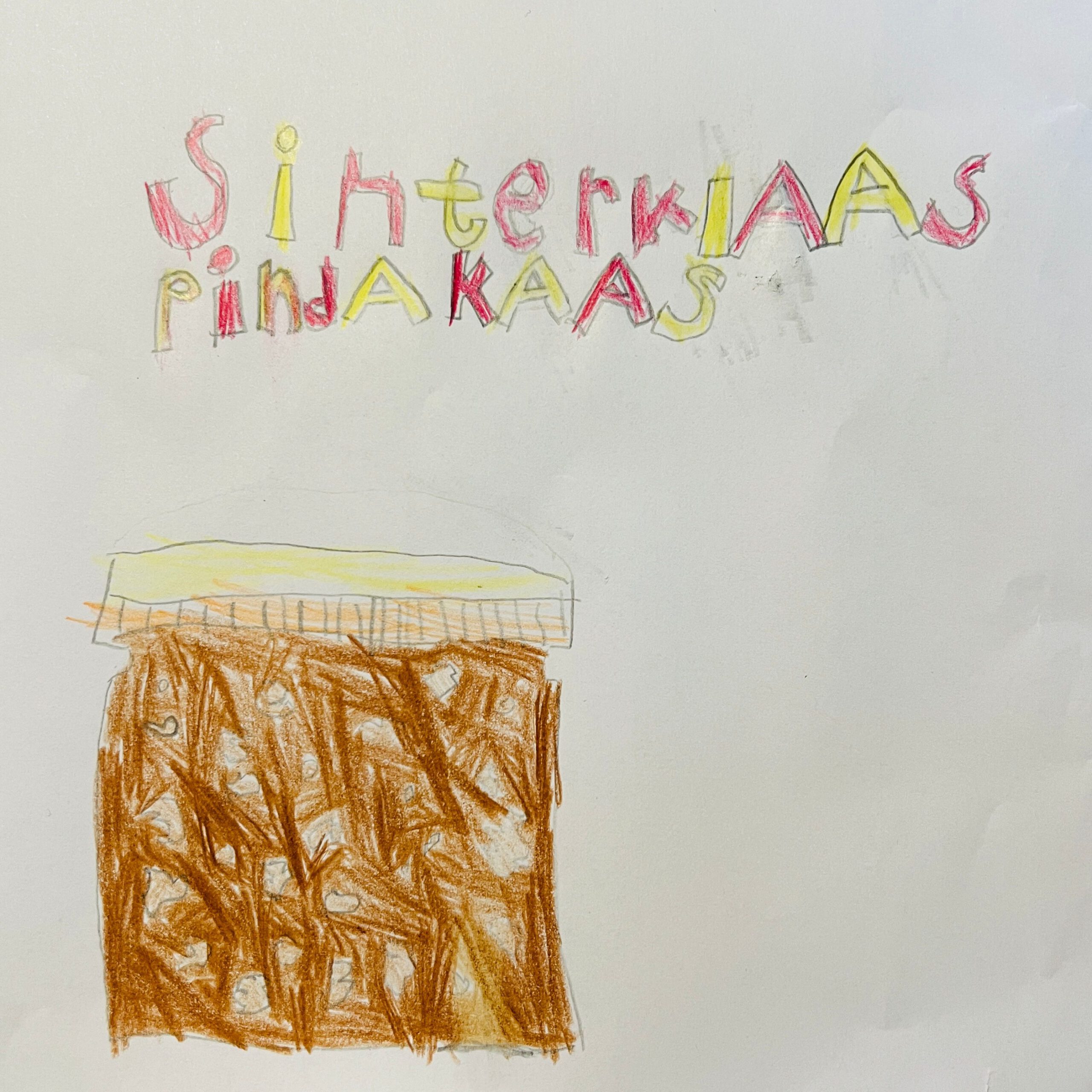 Een pindakaaspot onder de woorden Sinterklaas Pindakaas, getekend door Misja